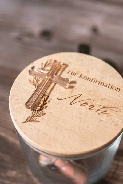 Vorratsglas Design Kreuz - Konfirmation / Kommunion / Taufe / Geschenkidee / Geldgeschenk / personalisiert